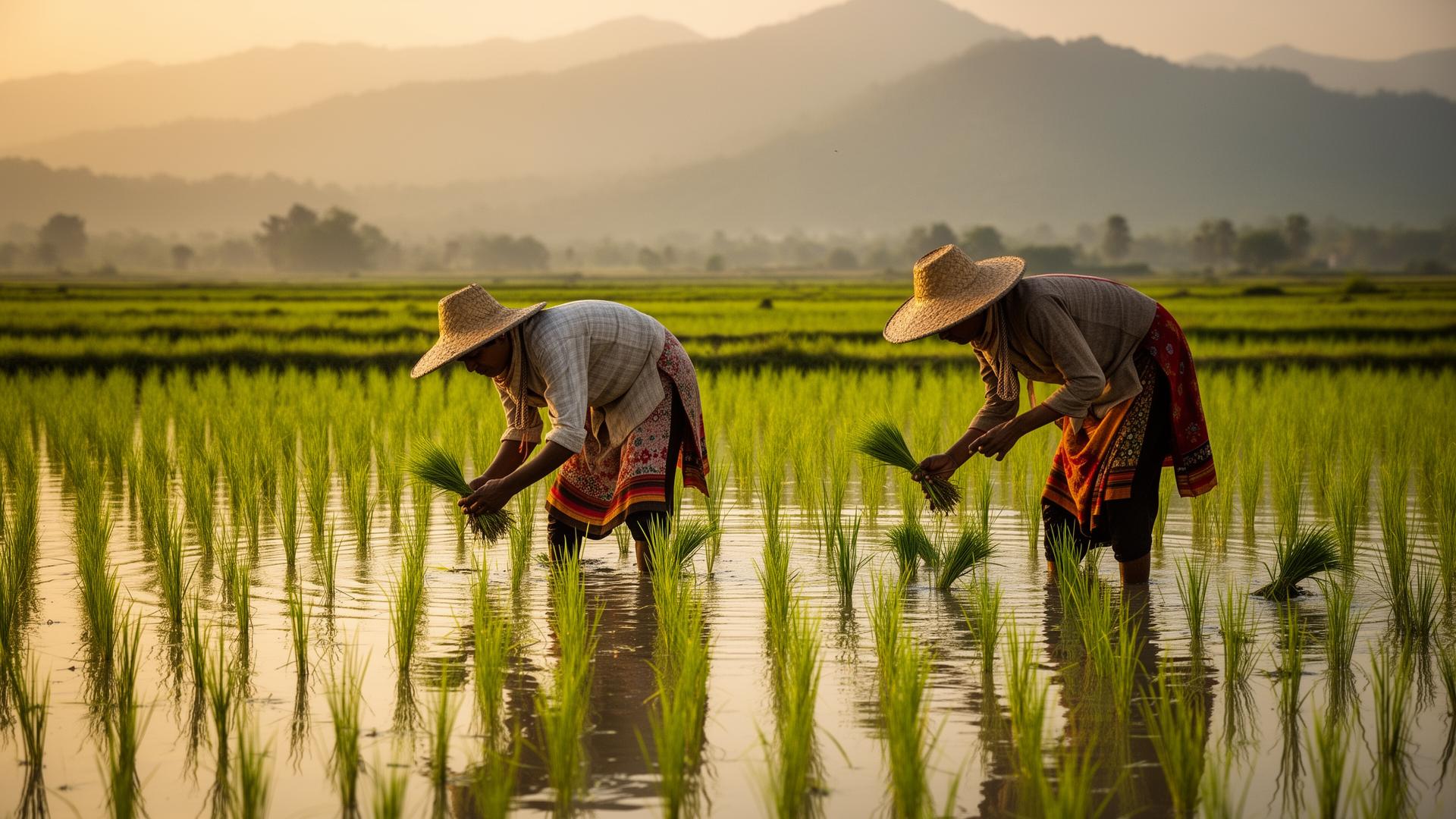 Farmers hand-transplanting rice seedlings in a flooded paddy field at golden hour
